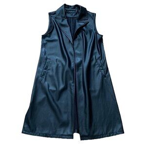 Marc New York Black Faux Leather Long Trench Open Front Jacket Sleeveless Medium